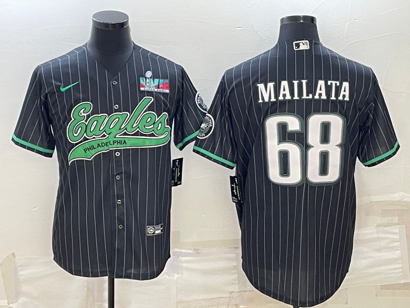 Men's Philadelphia Eagles #68 Jordan Mailata Black With Super Bowl LVII Patch Cool Base Stitched Baseball Jersey Men's Philadelphia Eagles #68 Jordan Mailata Black With Super Bowl LVII Patch Cool Base Stitched Baseball Jersey